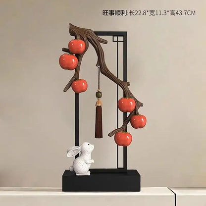 Ceramic red persimmon and white rabbit home decor set living room