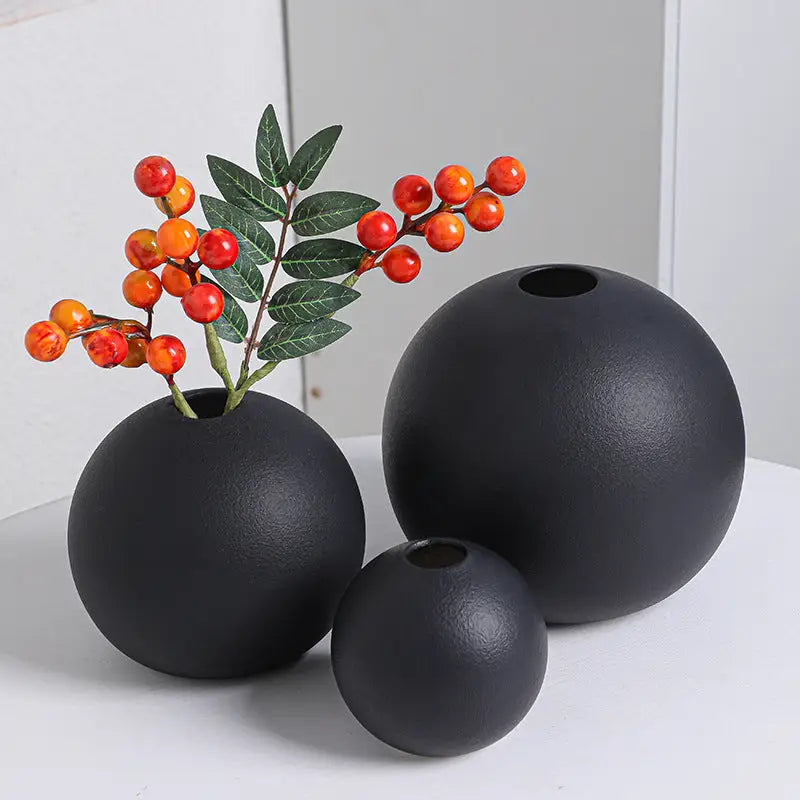 Matte black spherical ceramic vase set of 3 – living room decor