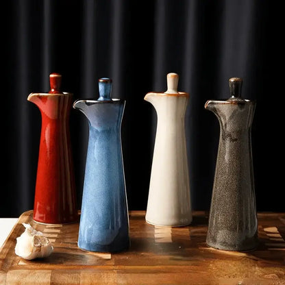 Ceramic seasoning pot set in four glazes – kitchen oil dispensers