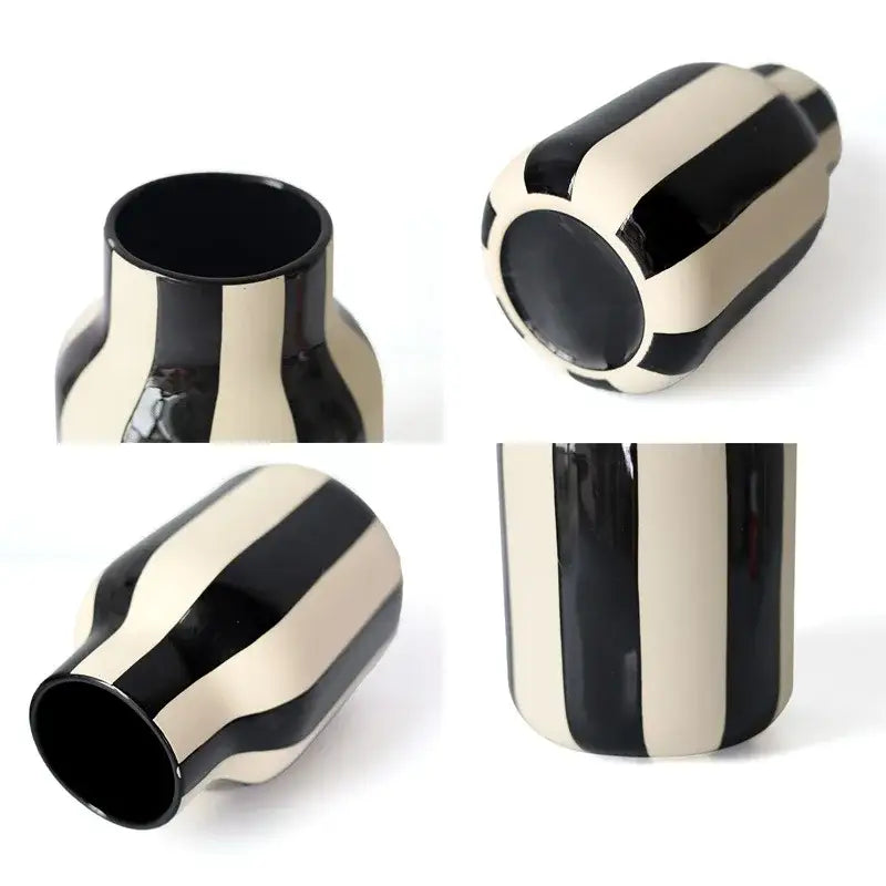 Modern black & cream striped ceramic vase living room decor