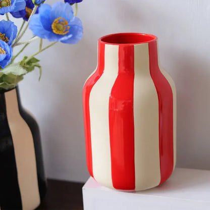 Modern black & cream striped ceramic vase living room decor