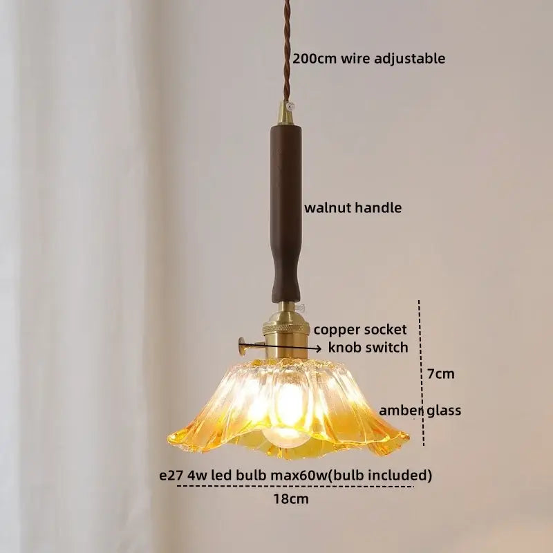 Ceramic walnut copper ribbed glass pendant light bedroom chandelier