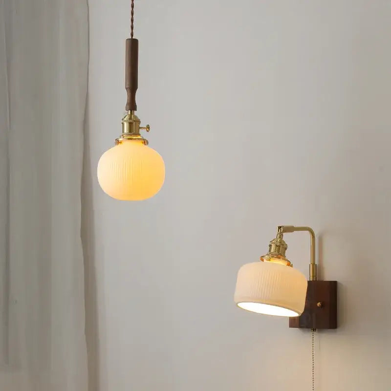Ceramic walnut copper ribbed glass pendant light bedroom chandelier