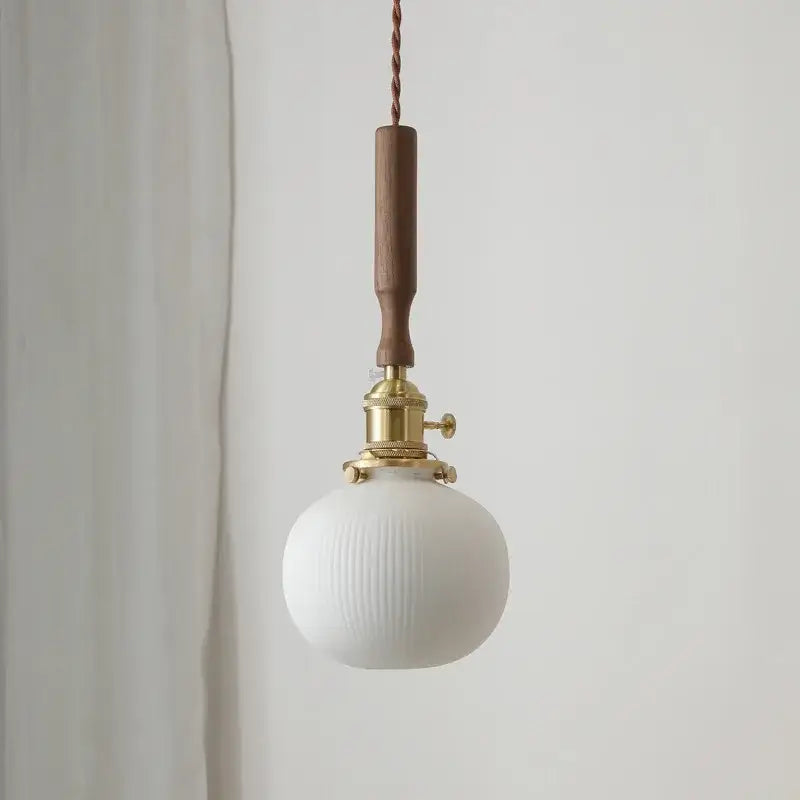 Ceramic walnut copper ribbed glass pendant light bedroom chandelier