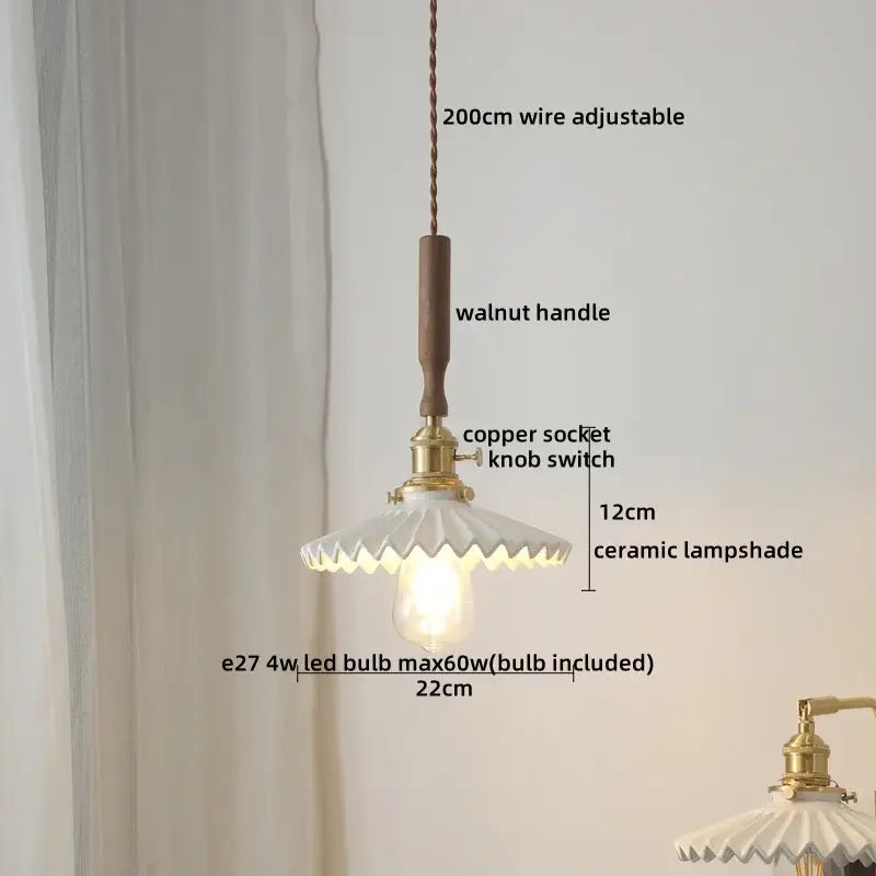 Ceramic walnut copper ribbed glass pendant light bedroom chandelier