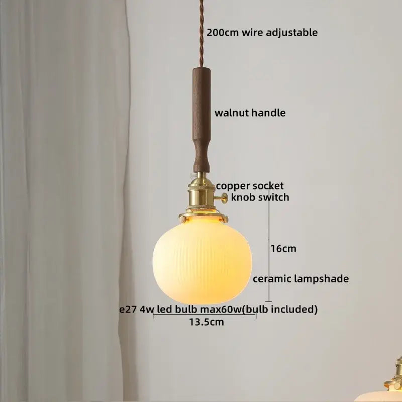 Ceramic walnut copper ribbed glass pendant light bedroom chandelier