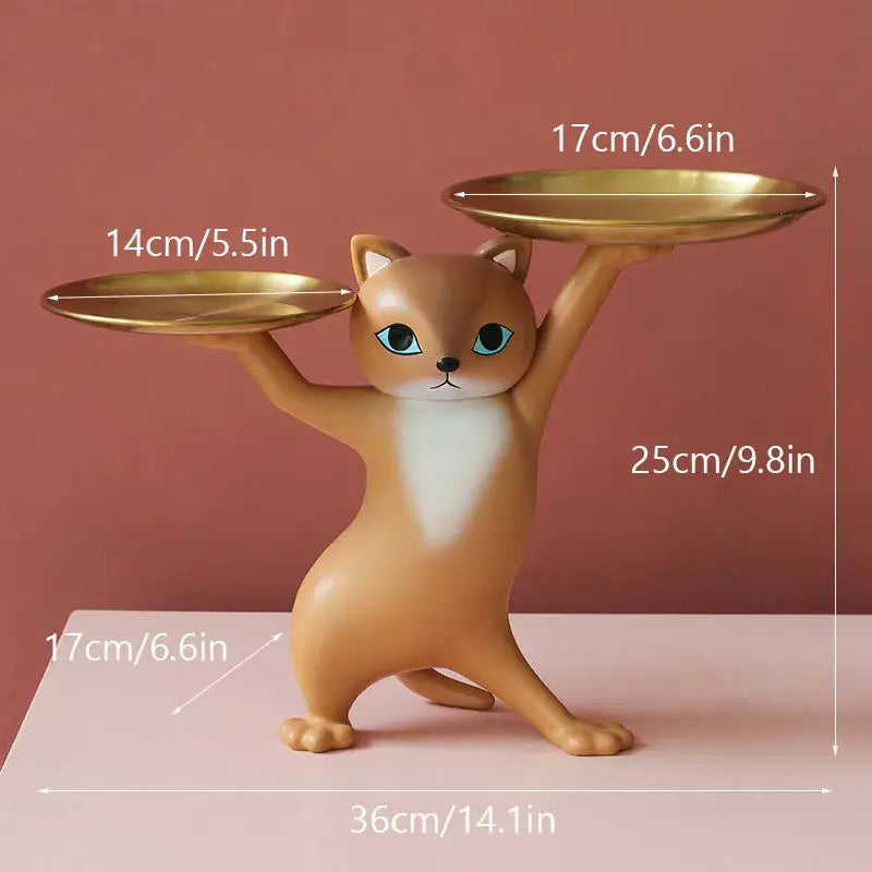 Ceramic white & beige cat figurines storage tray living room decor