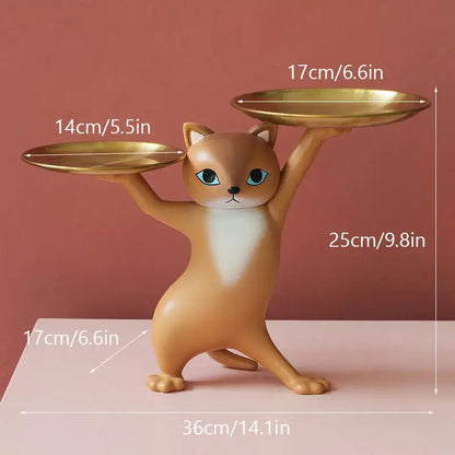 Ceramic white & beige cat figurines storage tray living room decor