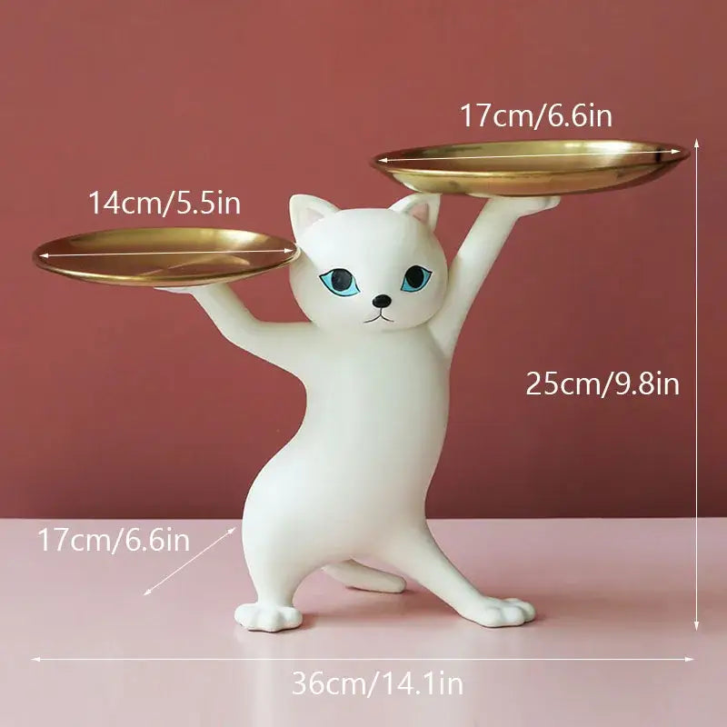 Ceramic white & beige cat figurines storage tray living room decor