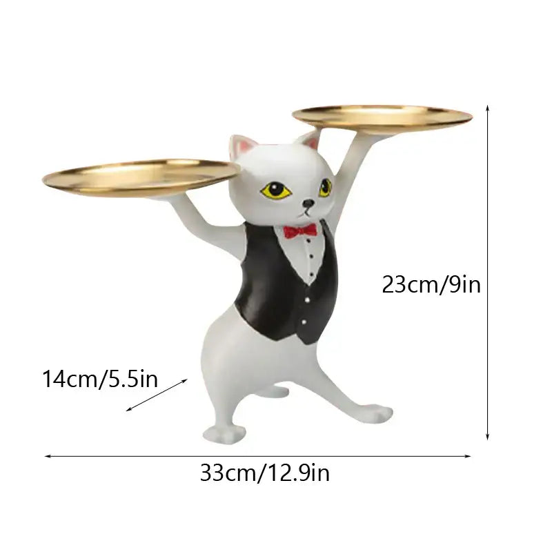 Ceramic white & beige cat figurines storage tray living room decor