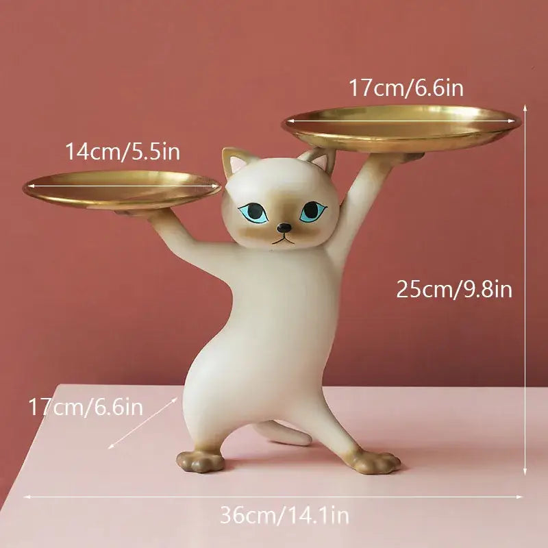 Ceramic white & beige cat figurines storage tray living room decor
