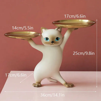 Ceramic white & beige cat figurines storage tray living room decor