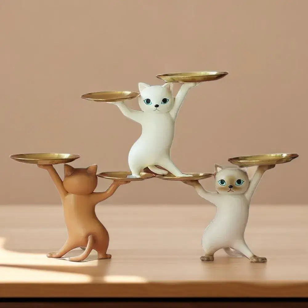 Ceramic white & beige cat figurines storage tray living room decor