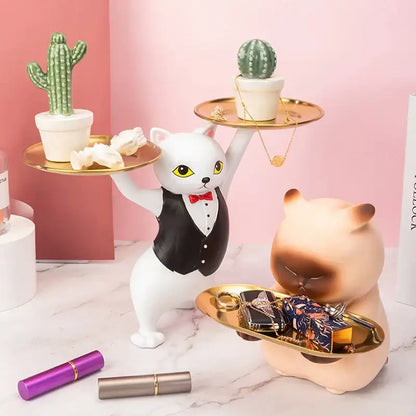 Ceramic white & beige cat figurines storage tray living room decor