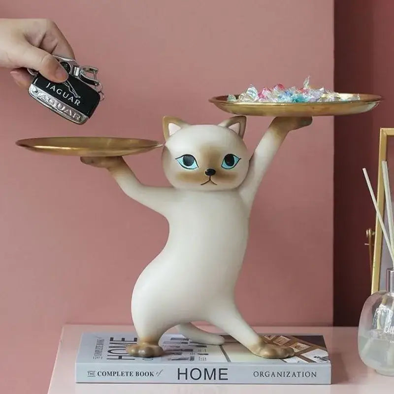Ceramic white & beige cat figurines storage tray living room decor
