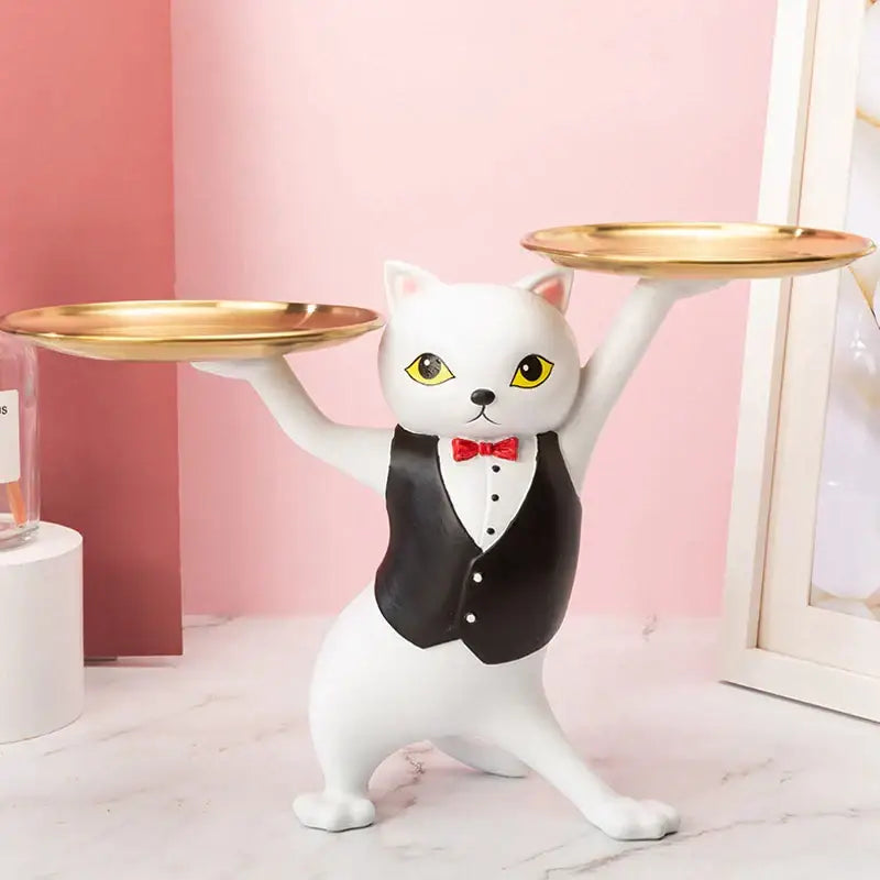 Ceramic white & beige cat figurines storage tray living room decor