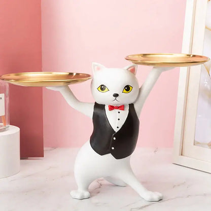Ceramic white & beige cat figurines storage tray living room decor