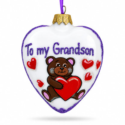 Teddy For My Grandson Glass Heart Christmas Ornament