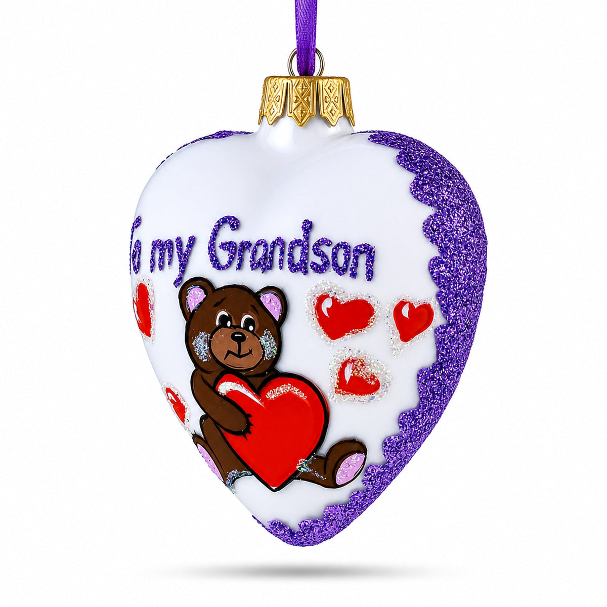 Teddy For My Grandson Glass Heart Christmas Ornament