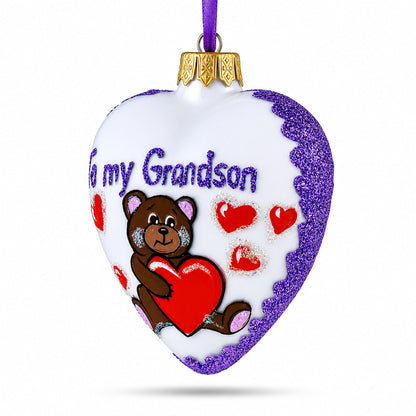 Teddy For My Grandson Glass Heart Christmas Ornament