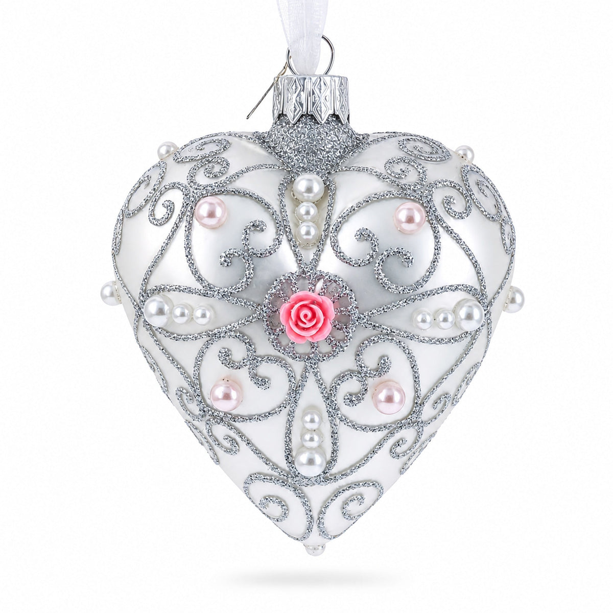 Silver Color Heart with Pink Rose Glass Heart Christmas Ornament