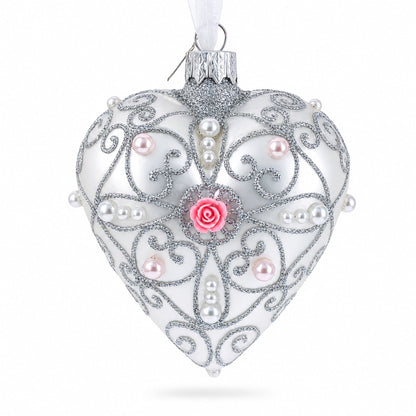 Silver Color Heart with Pink Rose Glass Heart Christmas Ornament