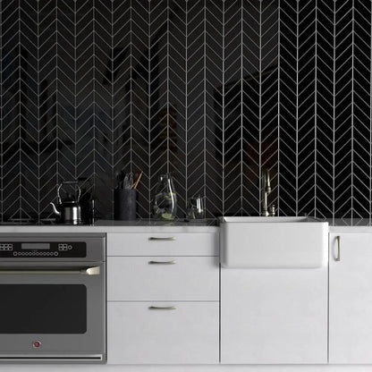 Midnight Glossy Chevron Ceramic Tiles 2x6