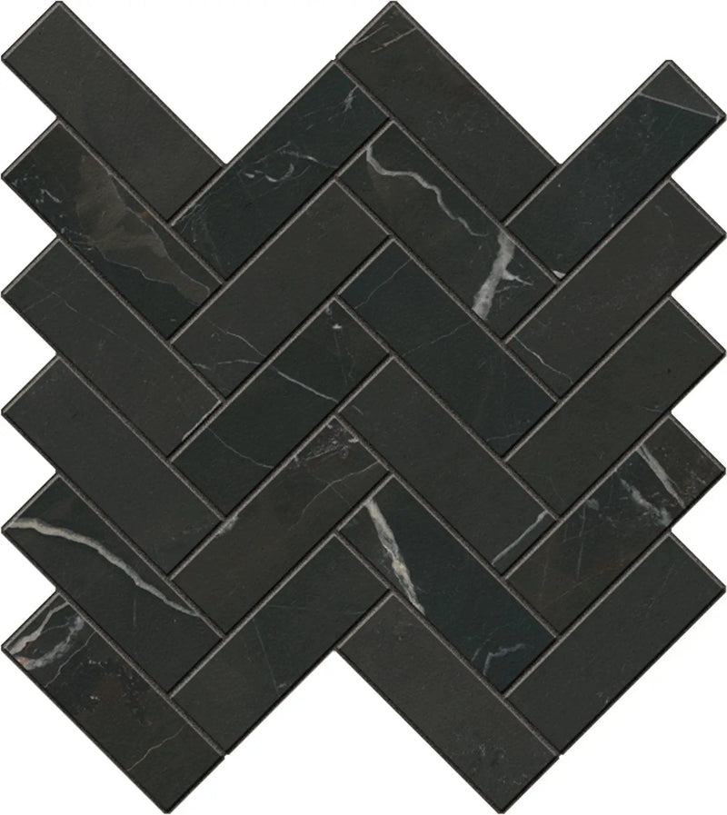 Charme Evo Calacatta Black Herringbone Marble Look Porcelain Mosaics 12x12