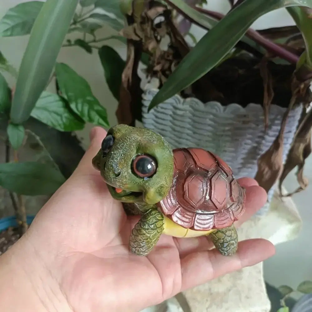 Charming green & pink crawling turtle sculpture garden decor