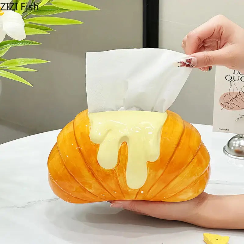 Charming orange & yellow croissant ceramic tissue box bedroom decor