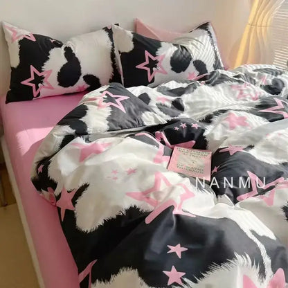 Checkerboard black & beige satin duvet cover set bedroom bedding