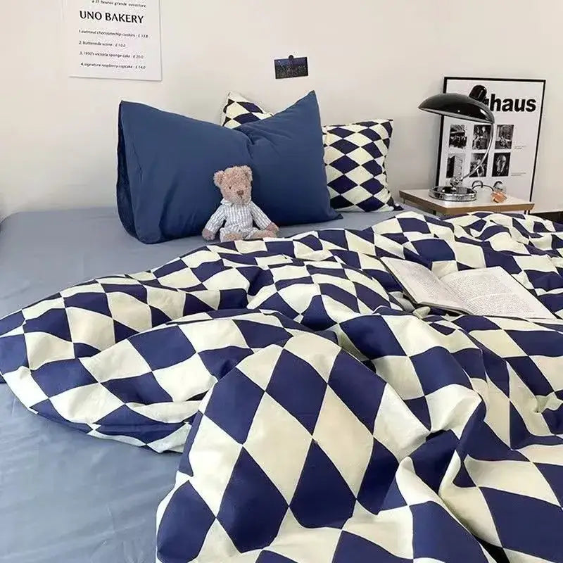 Checkerboard black & beige satin duvet cover set bedroom bedding