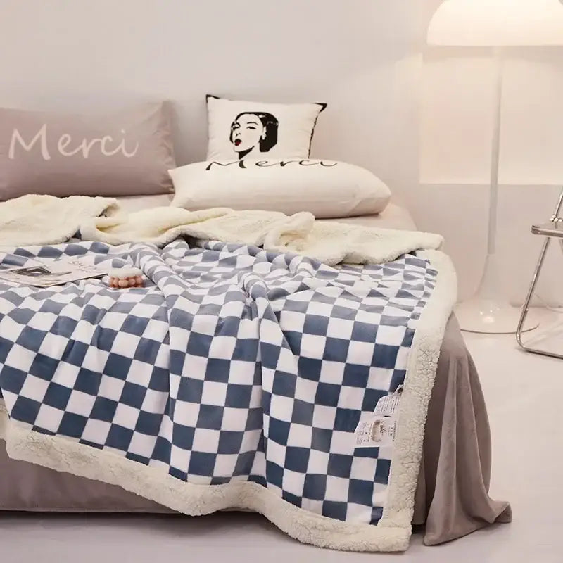 Checkerboard lamb fleece blanket black & white bedroom throw