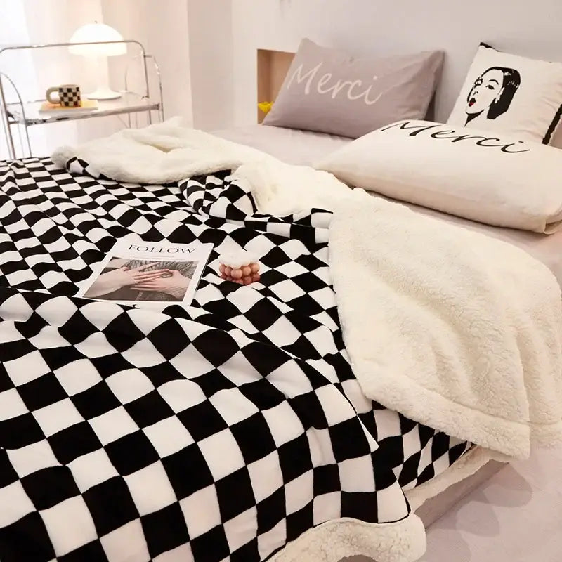 Checkerboard lamb fleece blanket black & white bedroom throw
