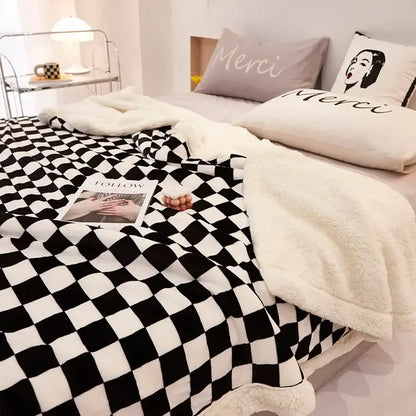 Checkerboard lamb fleece blanket black & white bedroom throw