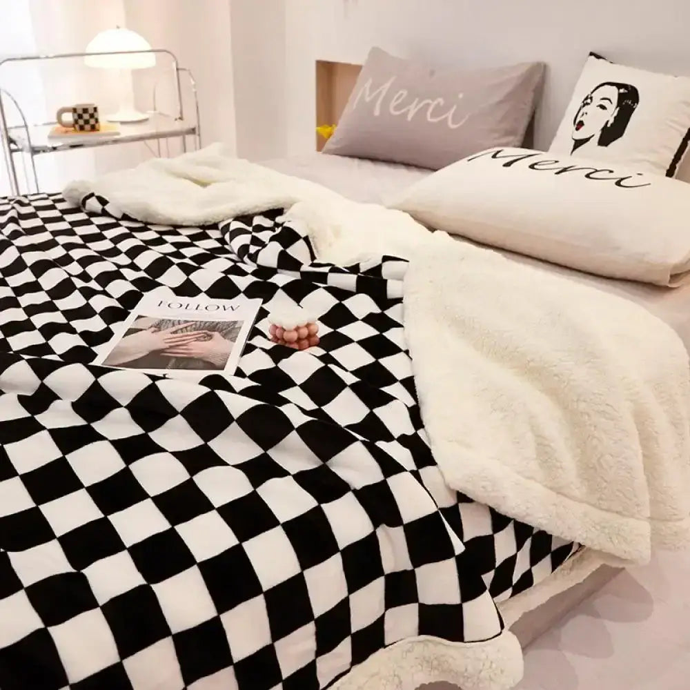 Checkerboard lamb fleece blanket black & white bedroom throw
