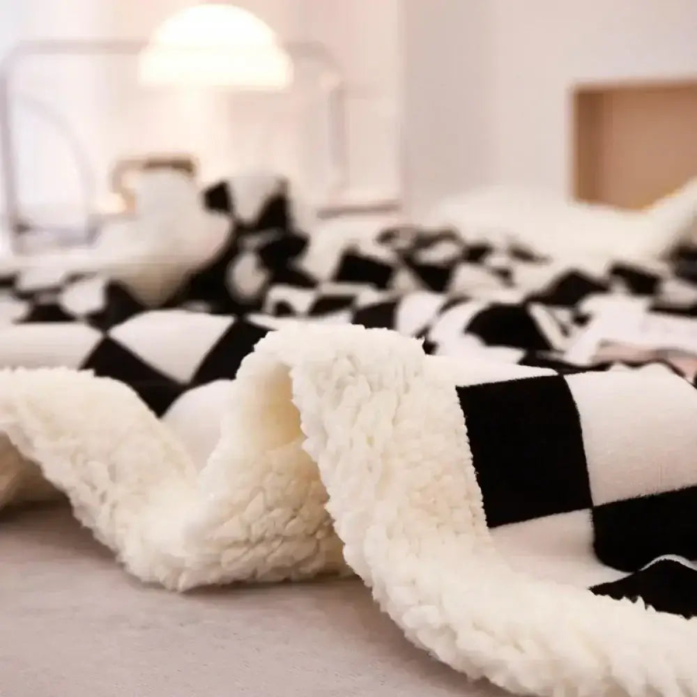 Checkerboard lamb fleece blanket black & white bedroom throw