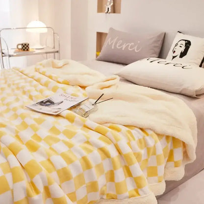 Checkerboard lamb fleece blanket black & white bedroom throw