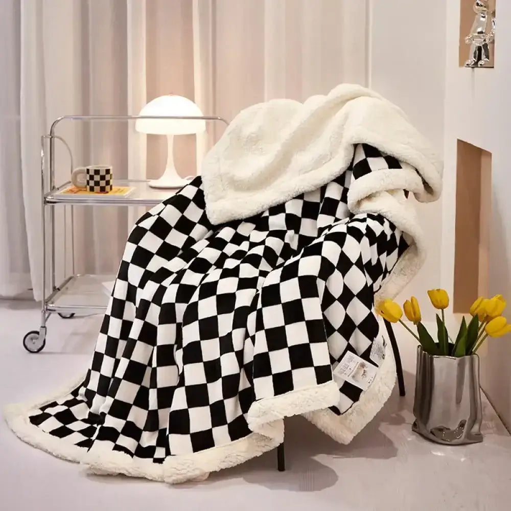 Checkerboard lamb fleece blanket black & white bedroom throw
