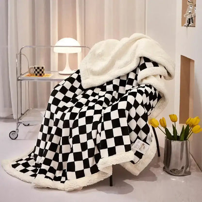 Checkerboard lamb fleece blanket black & white bedroom throw