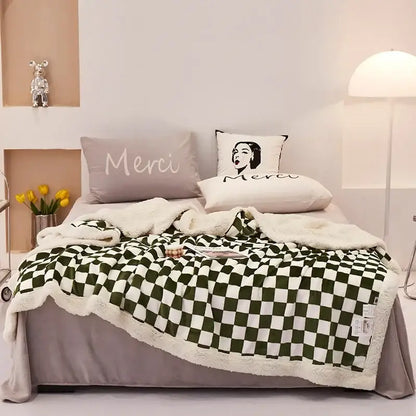 Checkerboard lamb fleece blanket black & white bedroom throw