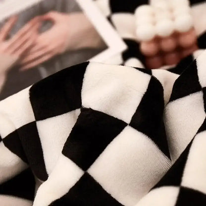 Checkerboard lamb fleece blanket black & white bedroom throw