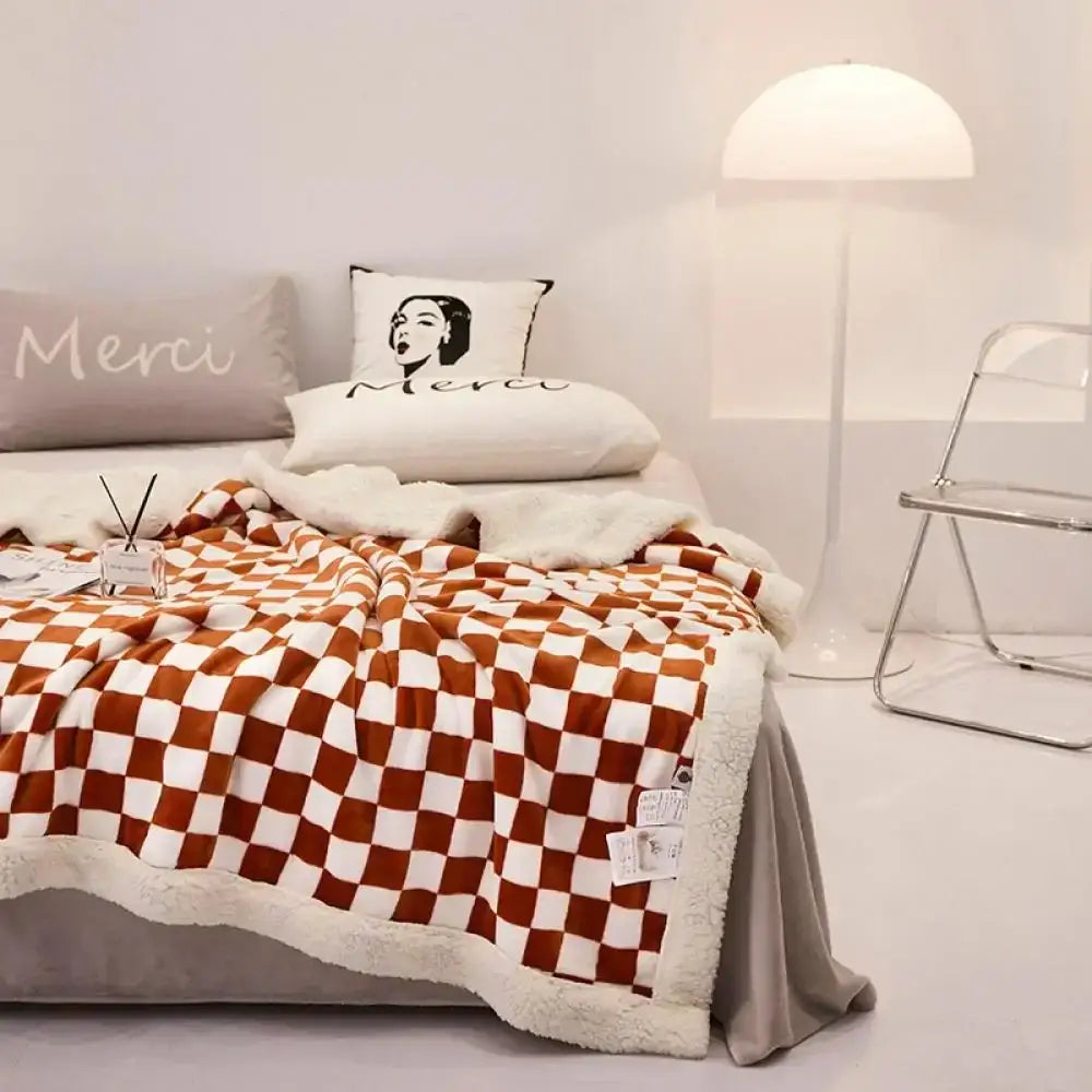 Checkerboard lamb fleece blanket black & white bedroom throw