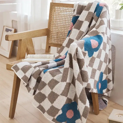 Checkered beige & white knitted blanket throws 130x160cm bedroom decor