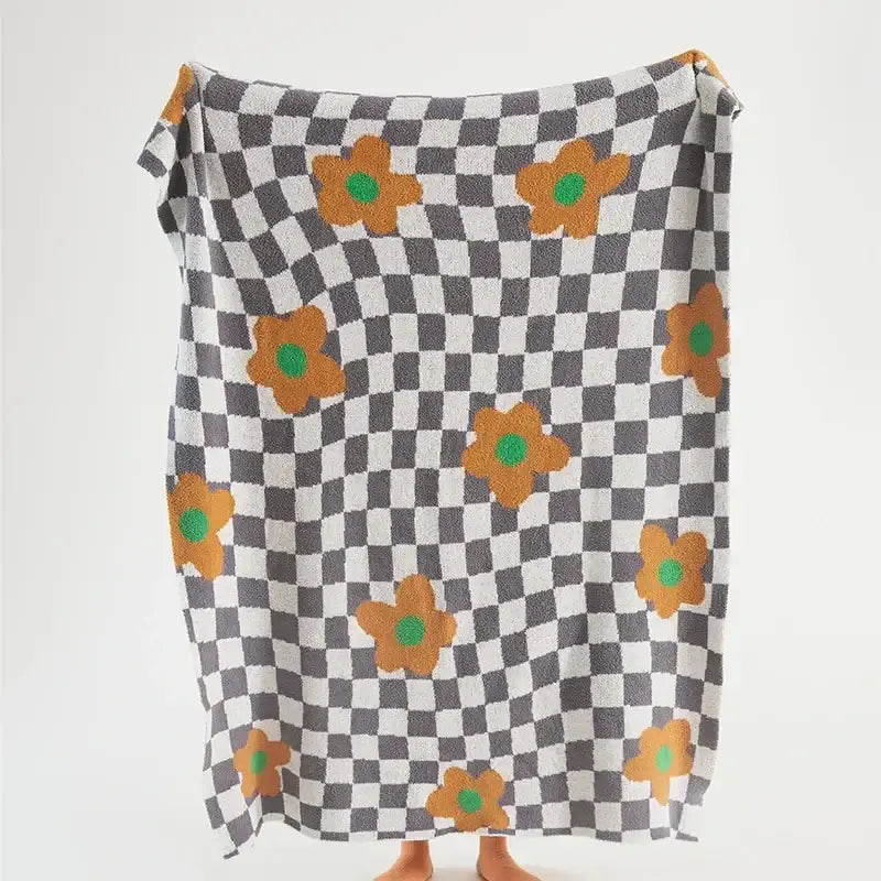Checkered beige & white knitted blanket throws 130x160cm bedroom decor