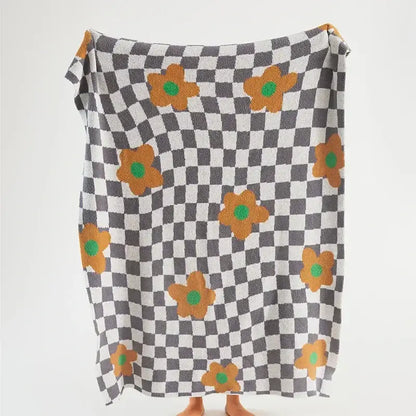 Checkered beige & white knitted blanket throws 130x160cm bedroom decor