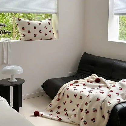 Cherry embroidered cream sheep rollie loop fleece blanket bedroom pom-pom