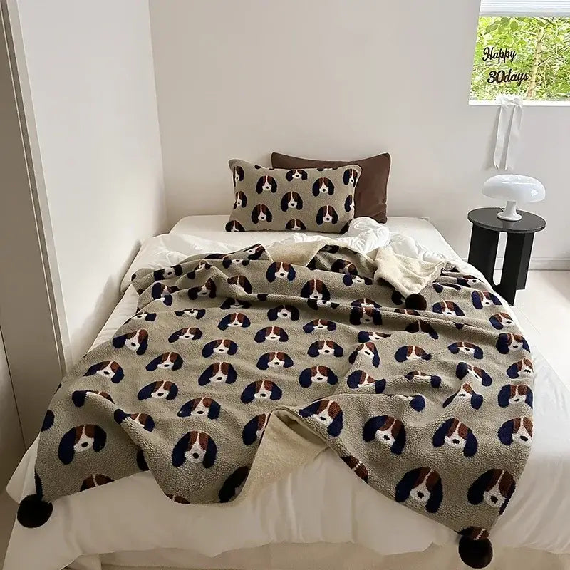 Cherry embroidered cream sheep rollie loop fleece blanket bedroom pom-pom