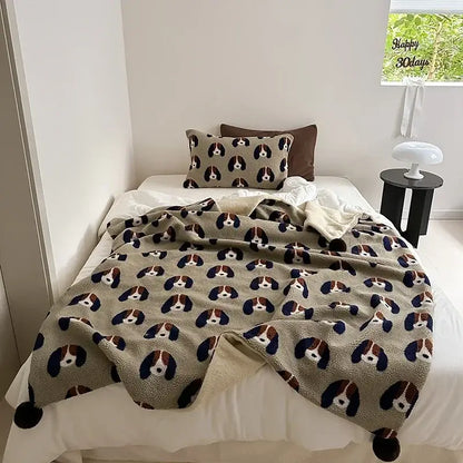 Cherry embroidered cream sheep rollie loop fleece blanket bedroom pom-pom