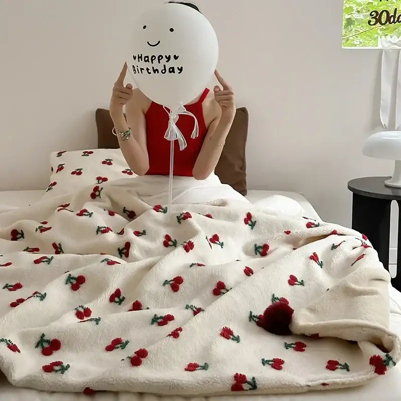 Cherry embroidered cream sheep rollie loop fleece blanket bedroom pom-pom